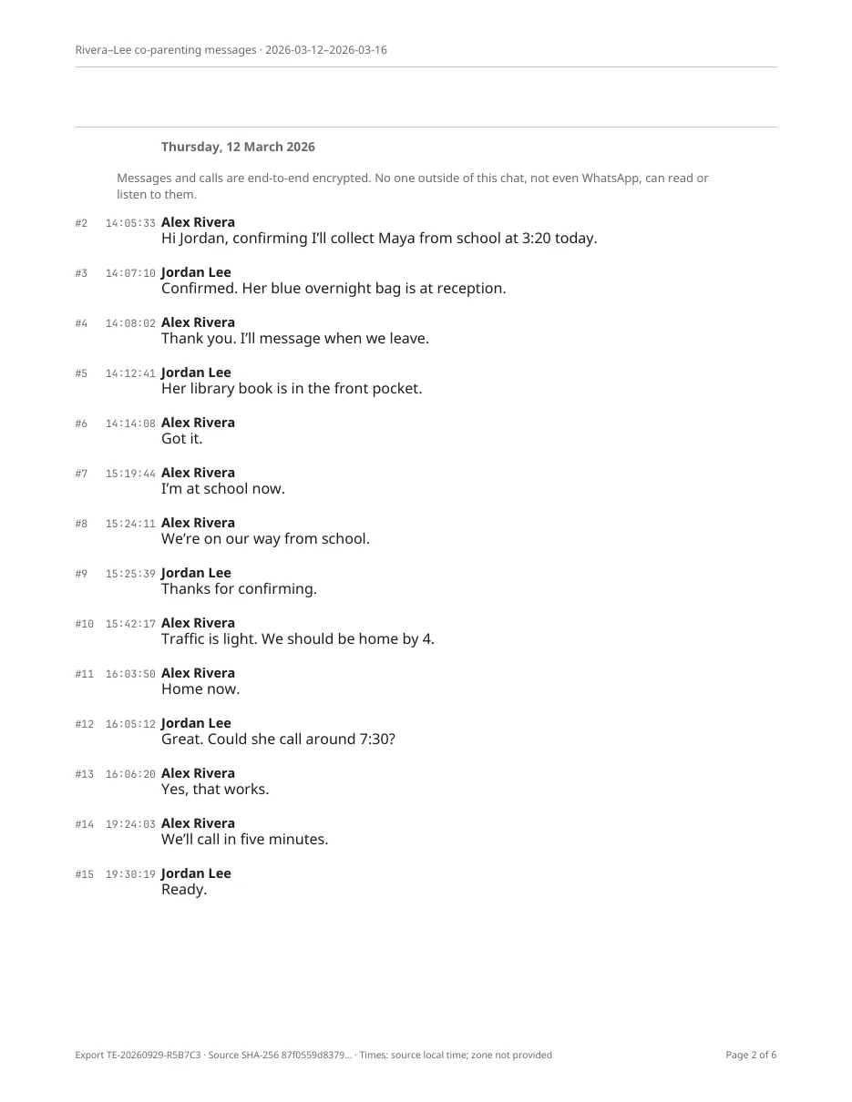 A page of messages in a Text Exporter PDF